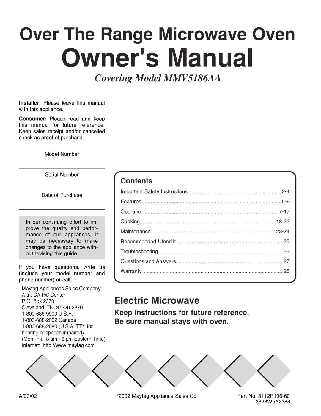 Maytag MMV5186AA owner manual Over The Range Microwave Oven, Contents 