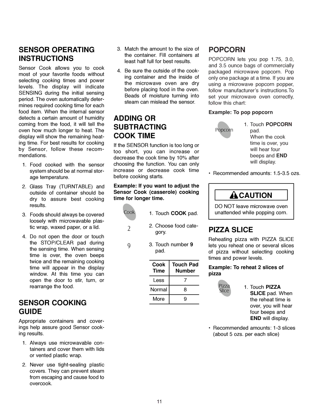 Maytag MMV5186AA owner manual Sensor Operating Instructions, Sensor Cooking Guide, Adding or Subtracting Cook Time, Popcorn 