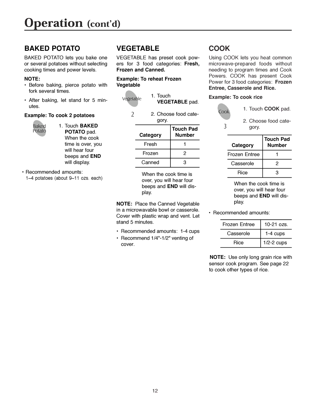 Maytag MMV5186AA owner manual Baked Potato, Vegetable, Cook, Entree, Casserole and Rice Example To cook rice 