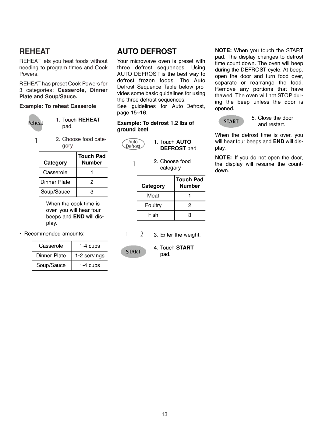 Maytag MMV5186AA owner manual Reheat, Auto Defrost, Example To defrost 1.2 lbs of ground beef, Defrost pad 