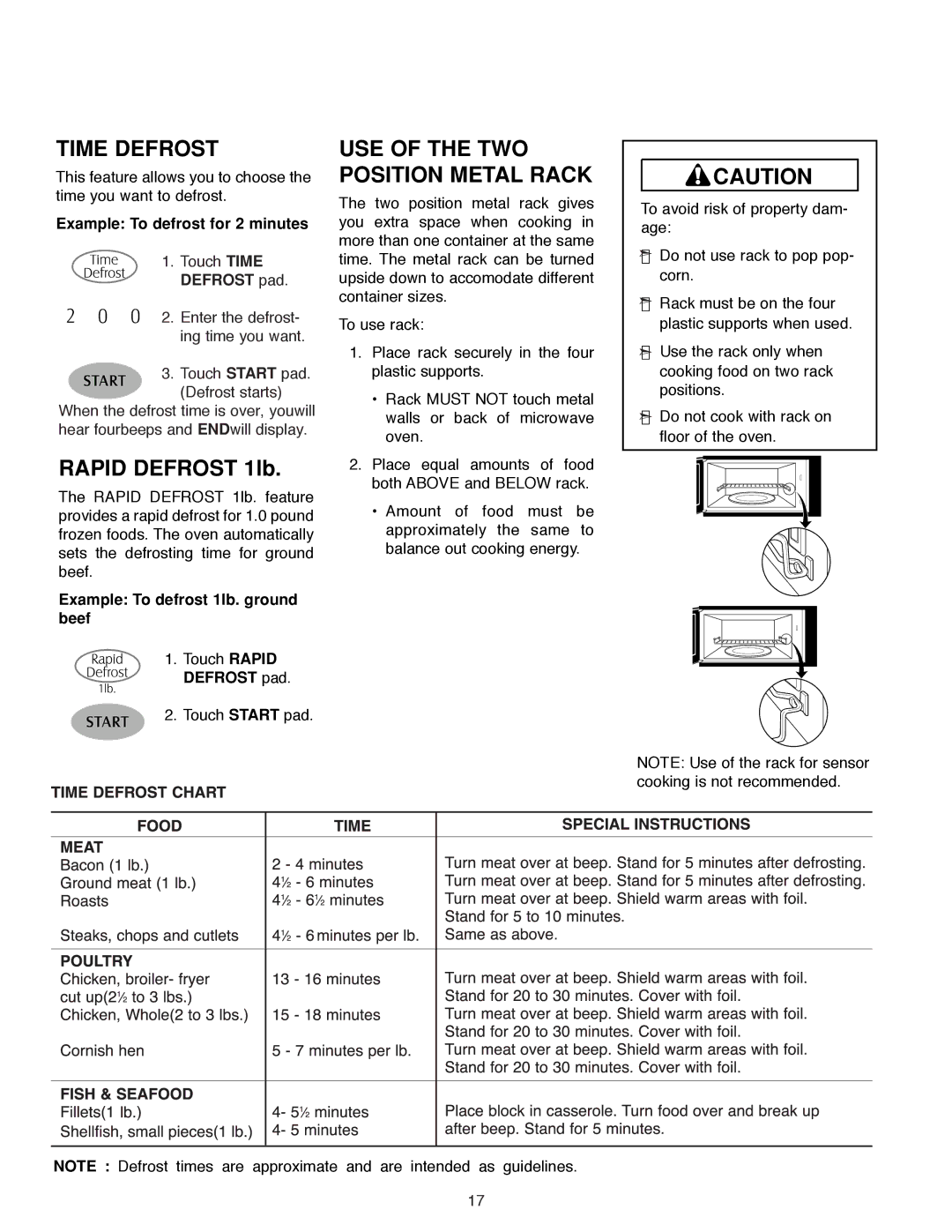 Maytag MMV5186AA Time Defrost, Example To defrost for 2 minutes, Defrost pad, Example To defrost 1lb. ground beef 