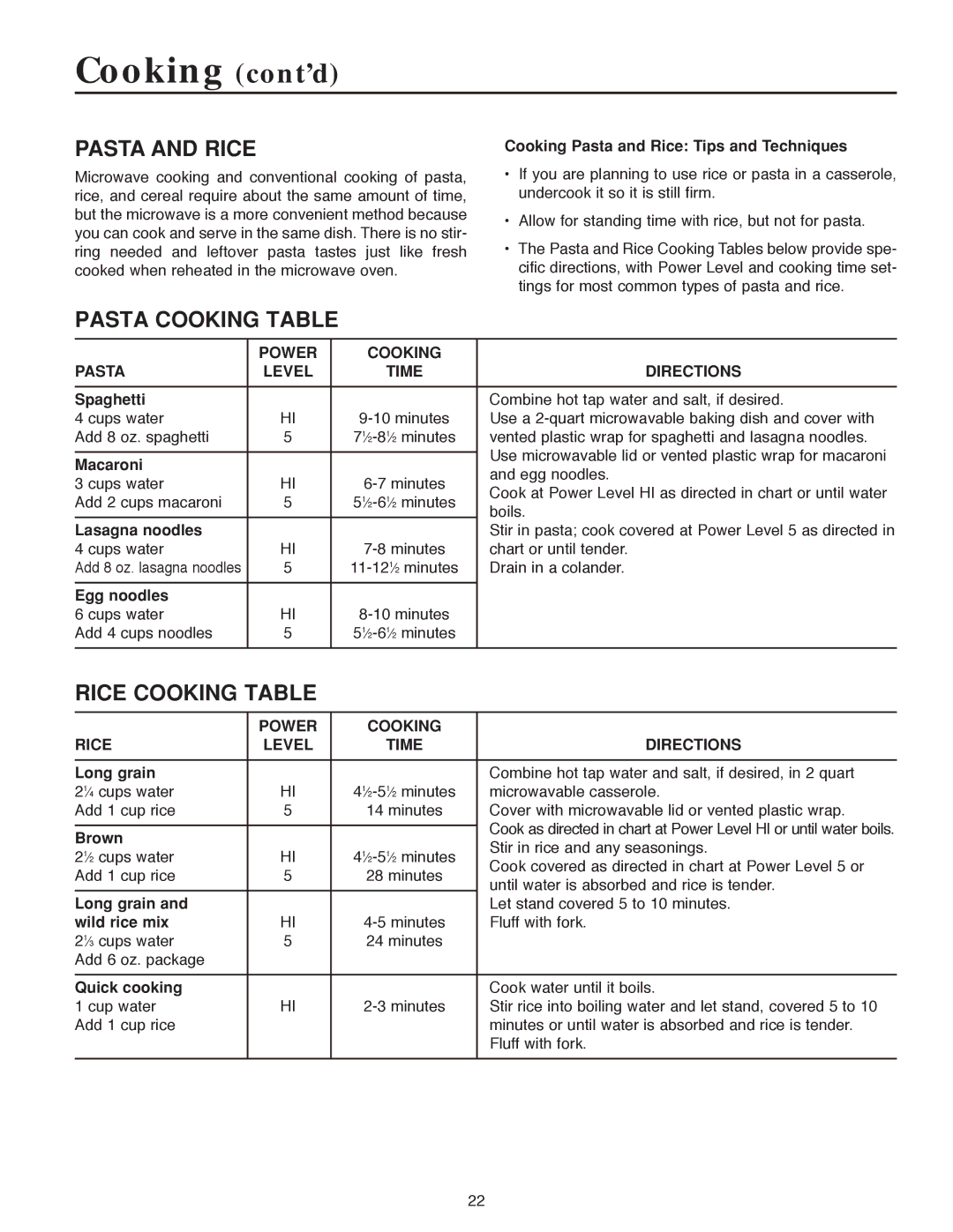 Maytag MMV5186AA Pasta and Rice, Pasta Cooking Table, Rice Cooking Table, Power Cooking Pasta Level Time Directions 