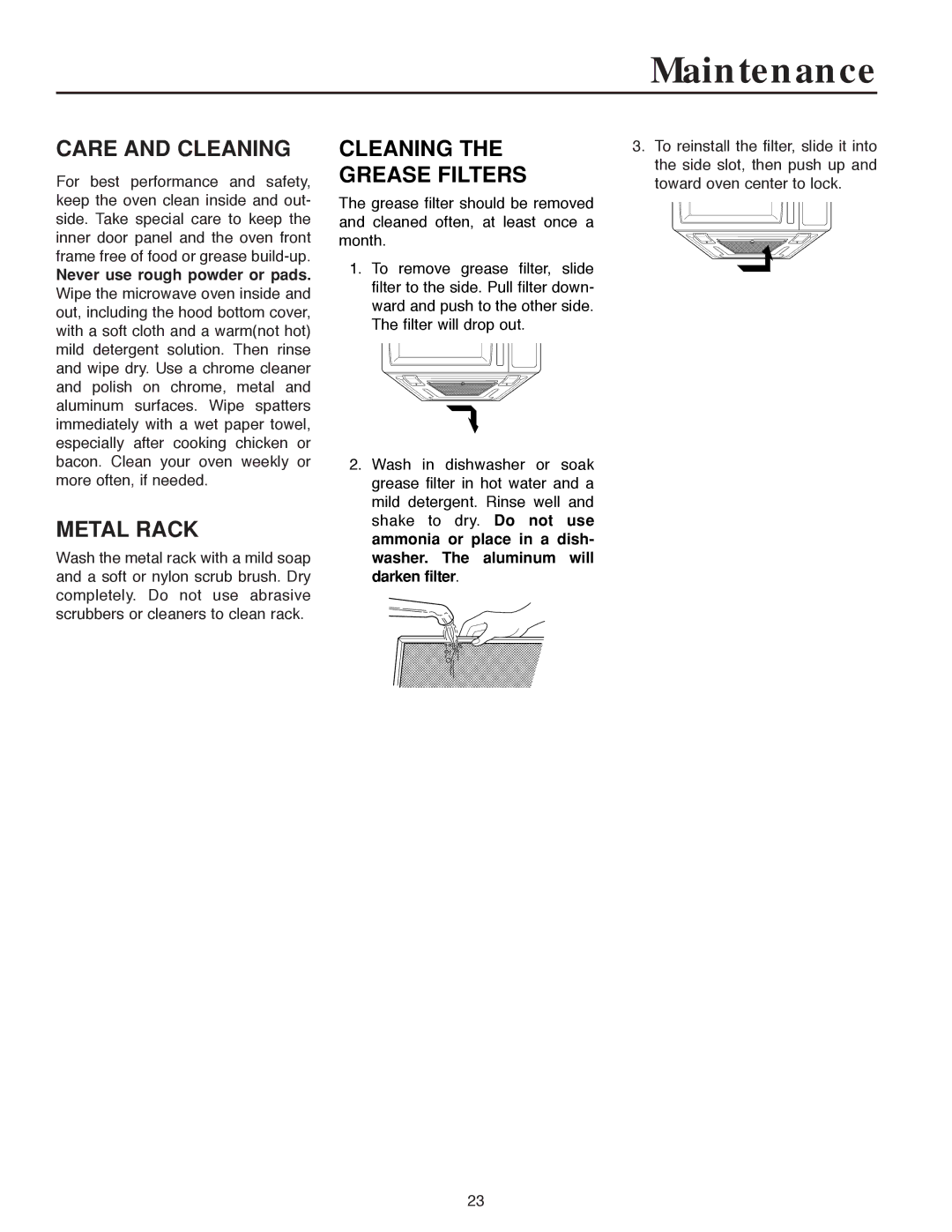 Maytag MMV5186AA owner manual Maintenance, Care and Cleaning, Metal Rack, Cleaning Grease Filters 