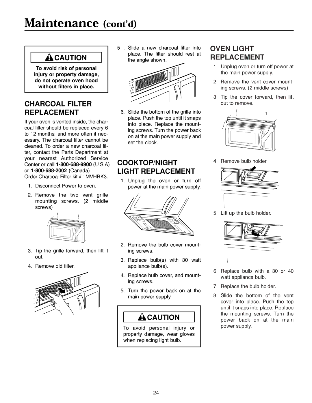 Maytag MMV5186AA owner manual Charcoal Filter Replacement, Oven Light Replacement 