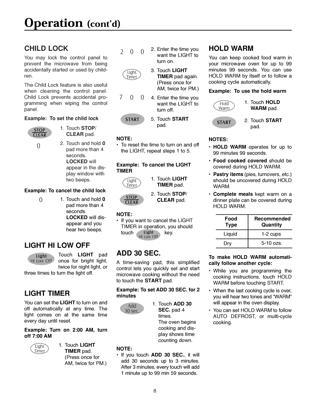 Maytag MMV5186AA owner manual Child Lock, Light HI LOW OFF, Light Timer, ADD 30 SEC, Hold Warm 