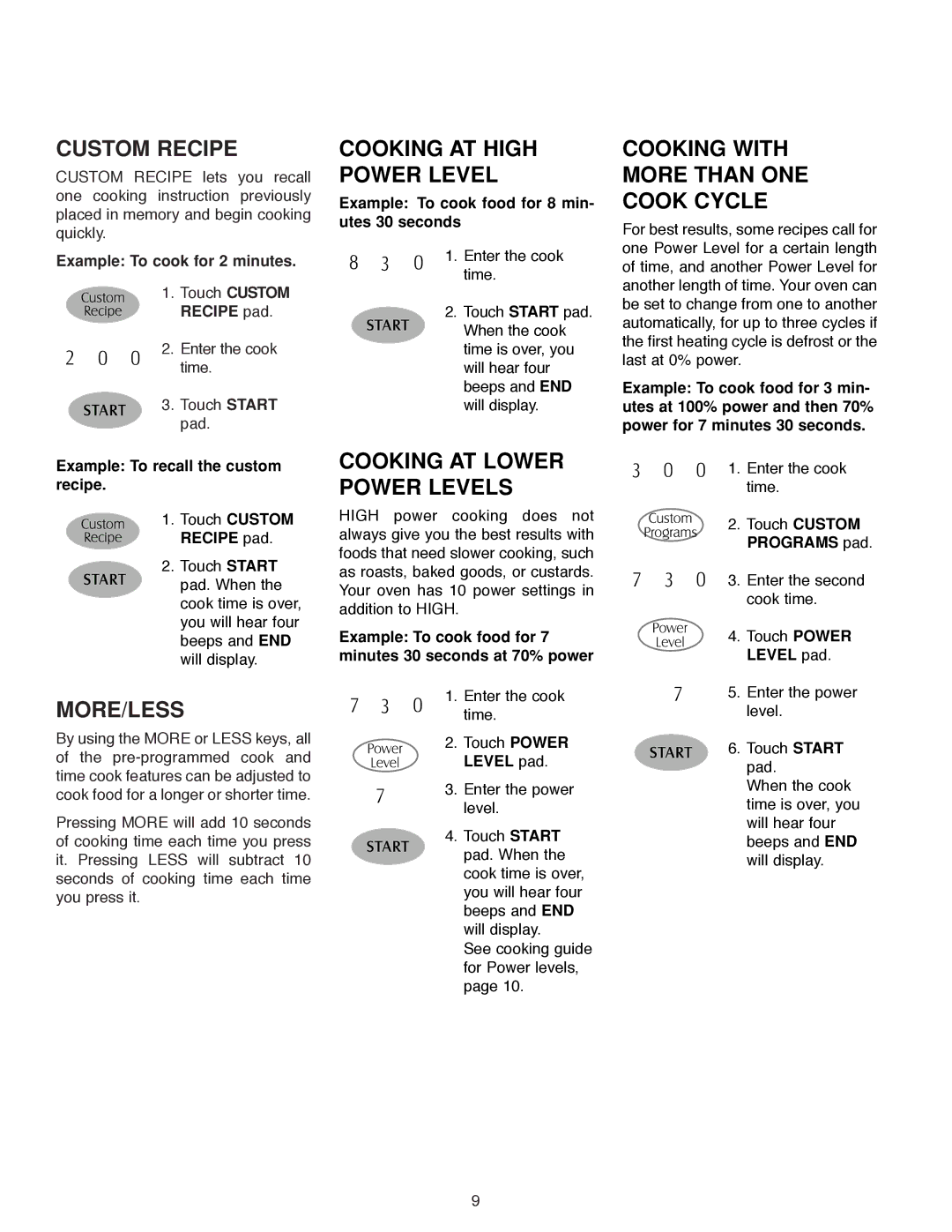 Maytag MMV5186AA owner manual Custom Recipe, More/Less, Cooking AT High Power Level, Cooking AT Lower Power Levels 