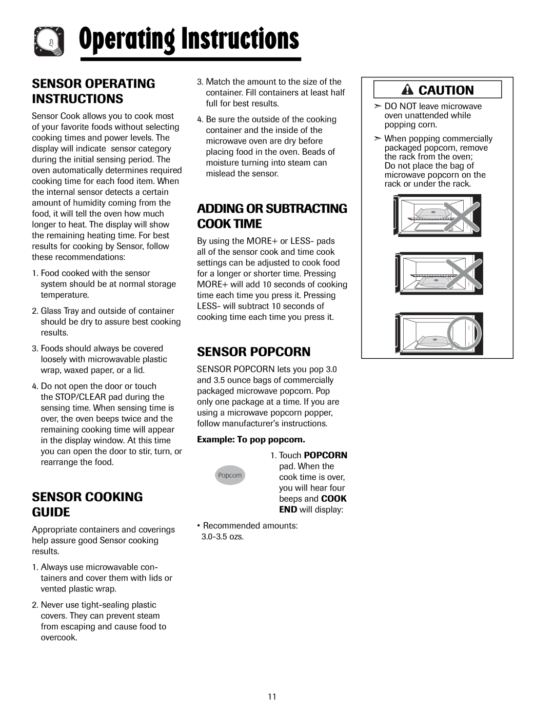 Maytag MMV5207AC Sensor Cooking Guide, Sensor Popcorn, Sensor Operating Instructions, Adding or Subtracting Cook Time 