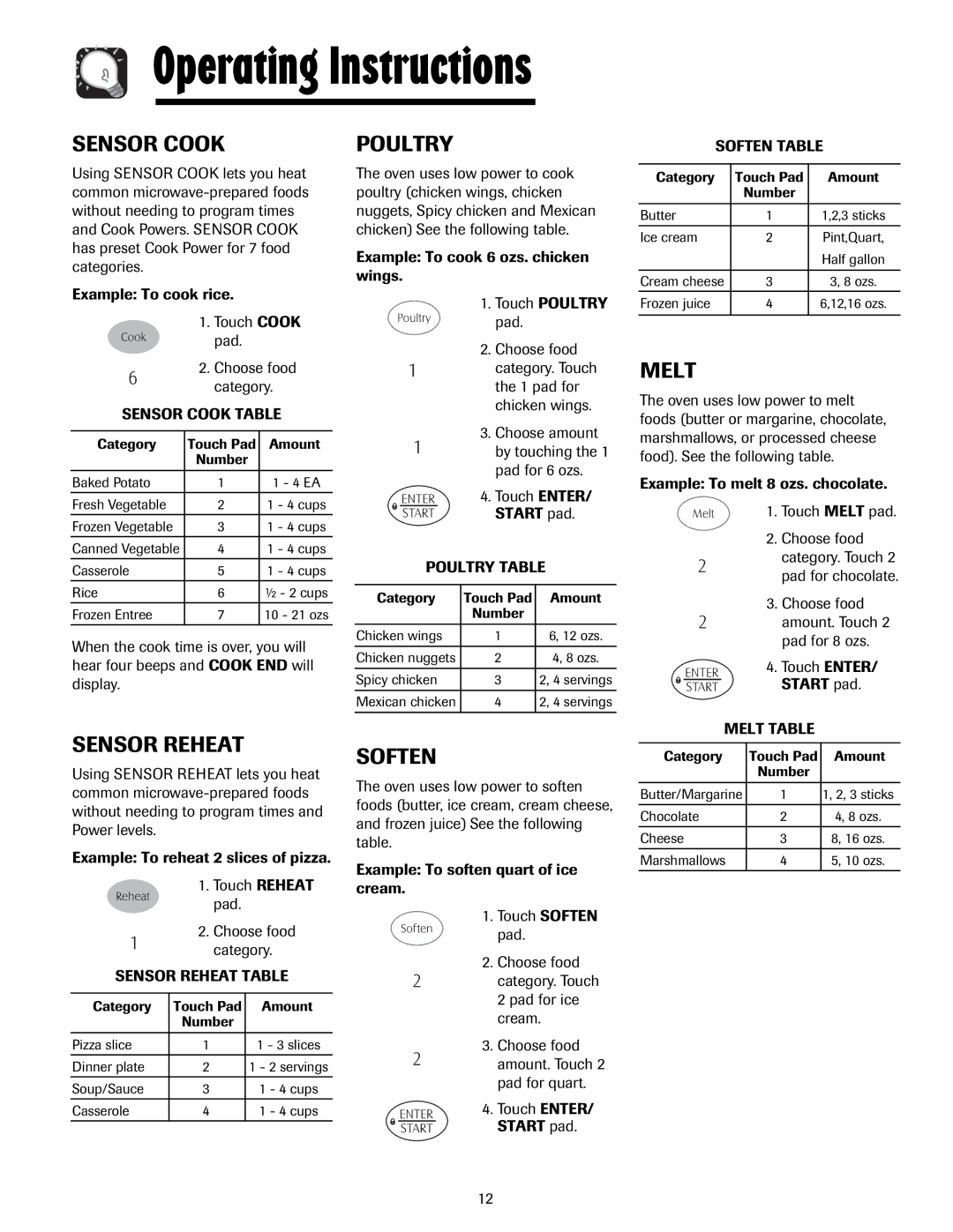 Maytag MMV5207AA, MMV5207AC important safety instructions Sensor Cook, Poultry, Melt, Sensor Reheat, Soften 