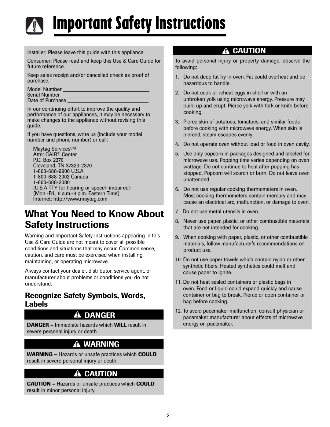 Maytag MMV5207AA, MMV5207AC Important Safety Instructions, Recognize Safety Symbols, Words Labels 