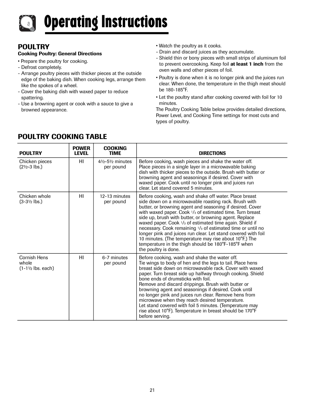 Maytag MMV5207AC, MMV5207AA important safety instructions Poultry Cooking Table, Poultry Power Cooking Directions, Time 