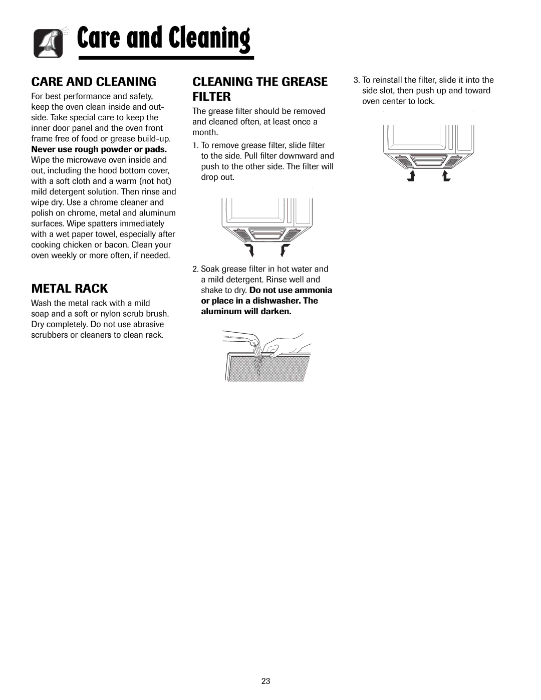 Maytag MMV5207AC, MMV5207AA important safety instructions Care and Cleaning, Cleaning the Grease Filter 