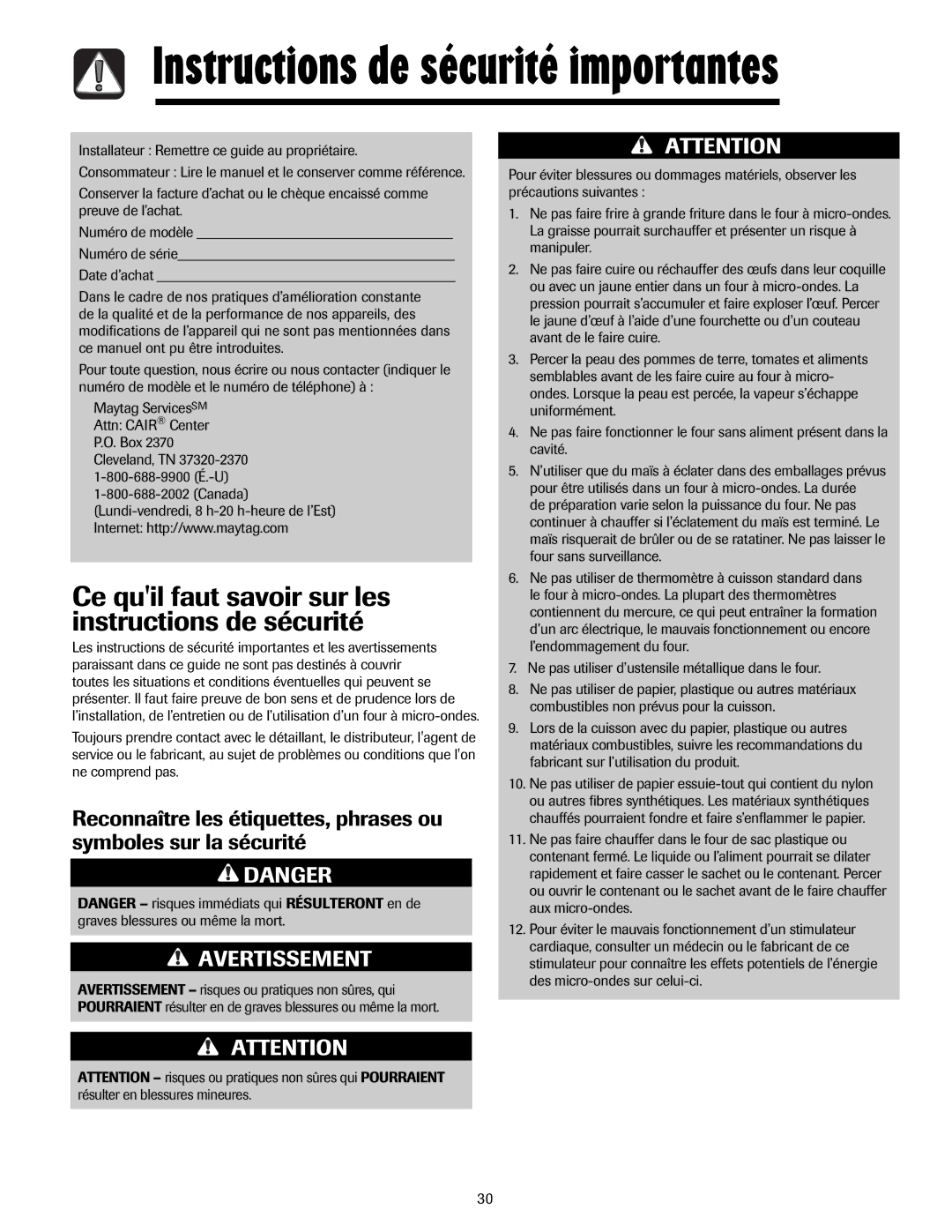 Maytag MMV5207AA Installateur Remettre ce guide au propriétaire, Ne pas utiliser d’ustensile métallique dans le four 