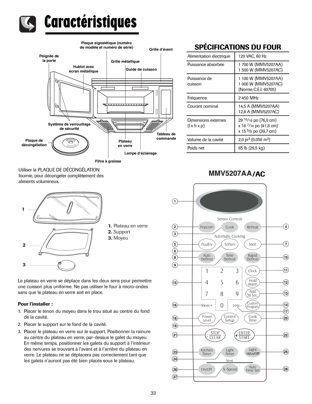 Maytag MMV5207AC, MMV5207AA important safety instructions Caractéristiques, Spécifications DU Four, 120 VAC, 60 Hz 