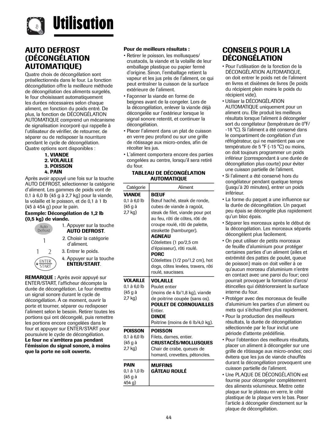 Maytag MMV5207AA Auto Defrost Décongélation Automatique, Conseils Pour LA Décongélation, Viande Volaille Poisson Pain 