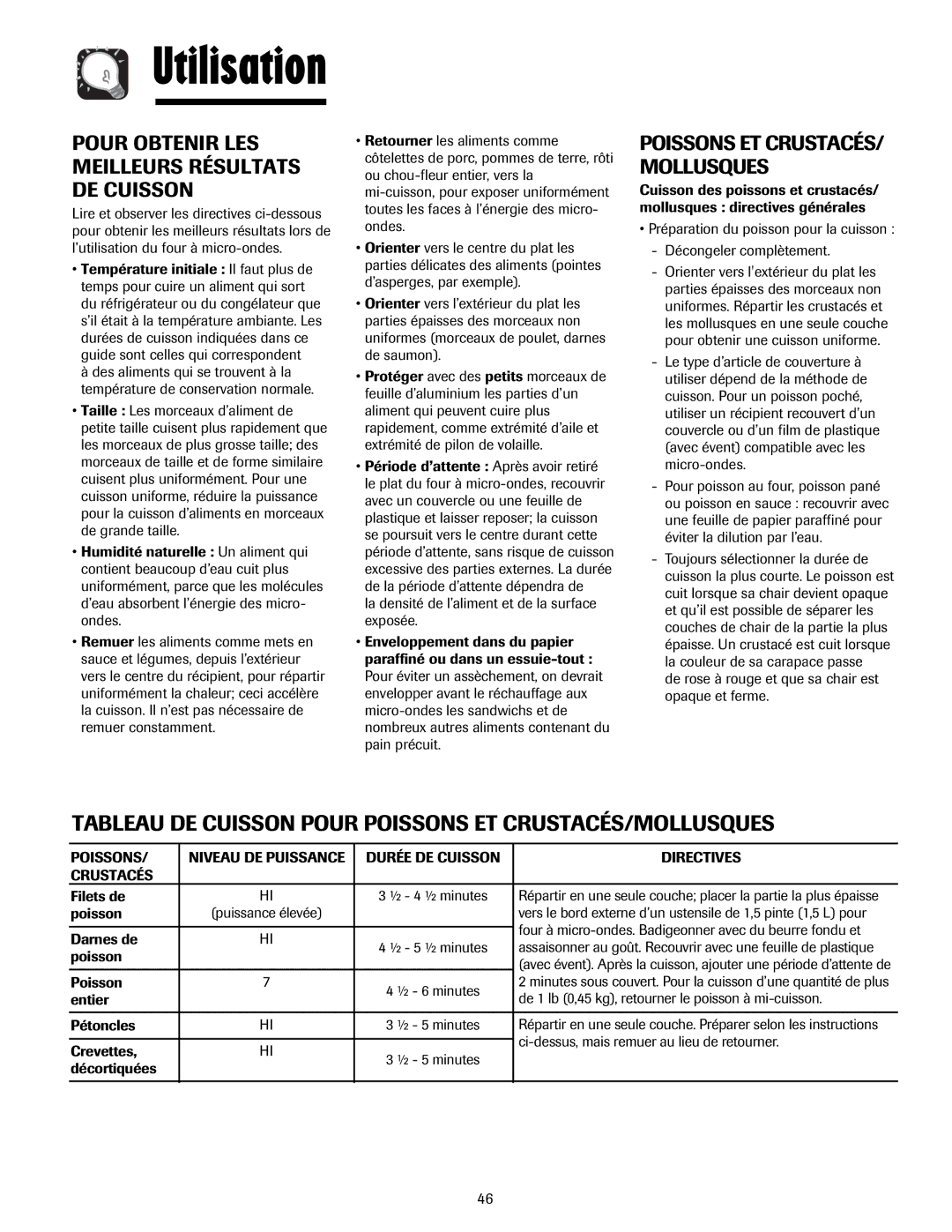 Maytag MMV5207AA Tableau DE Cuisson Pour Poissons ET CRUSTACÉS/MOLLUSQUES, Pour Obtenir LES Meilleurs Résultats DE Cuisson 