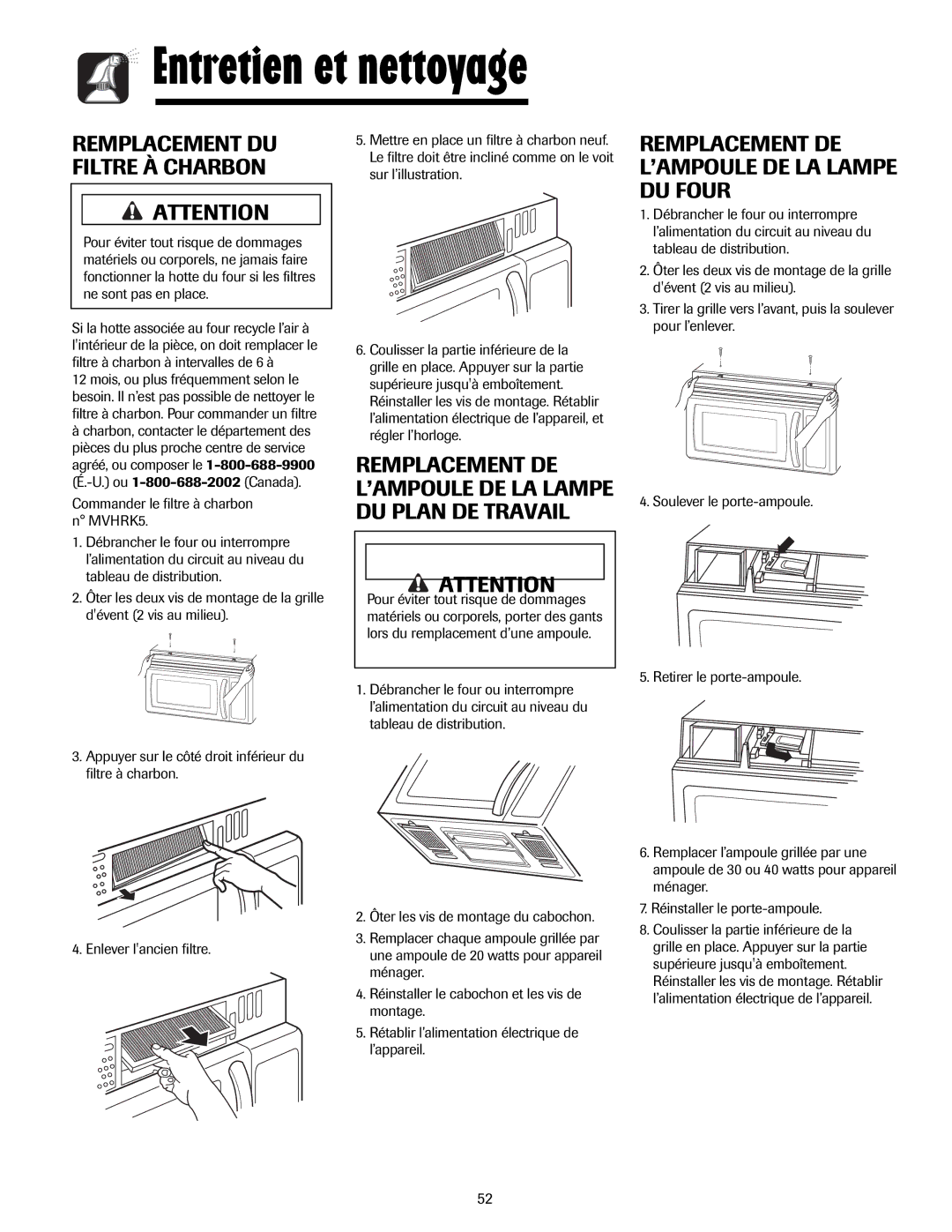 Maytag MMV5207AA, MMV5207AC Remplacement DE L’AMPOULE DE LA Lampe DU Four, Remplacement DU Filtre À Charbon 