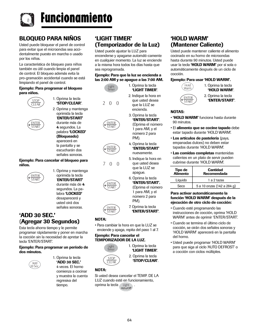 Maytag MMV5207AA, MMV5207AC Bloqueo Para Niños, ‘ADD 30 SEC.’ Agregar 30 Segundos, ‘LIGHT TIMER’ Temporizador de la Luz 