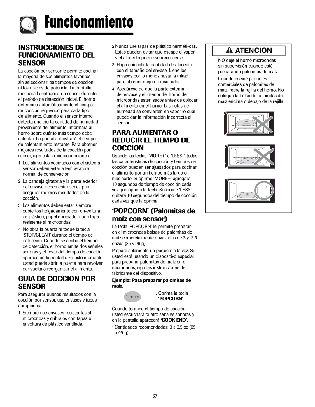 Maytag MMV5207AC, MMV5207AA Instrucciones DE Funcionamiento DEL Sensor, Para Aumentar O Reducir EL Tiempo DE Coccion 