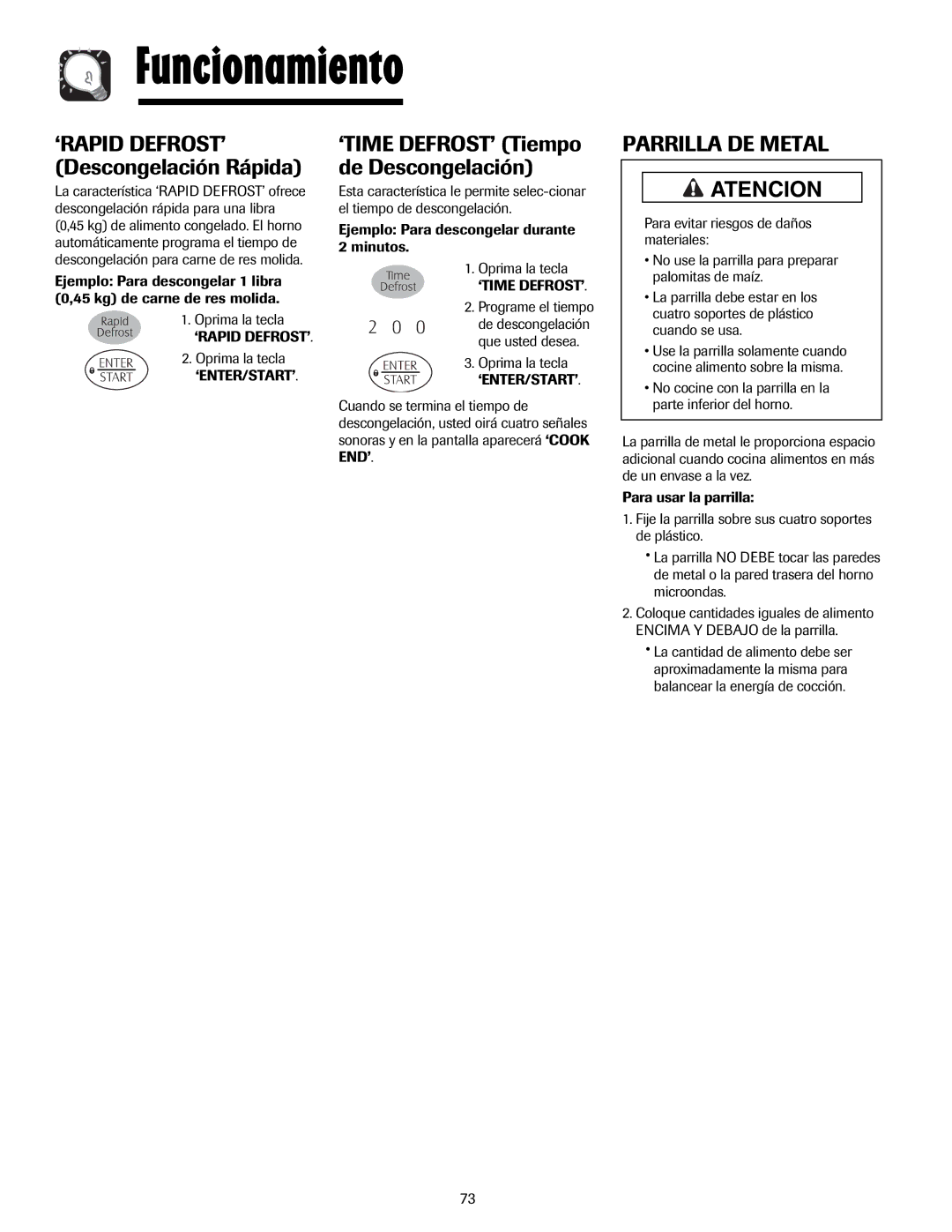 Maytag MMV5207AC, MMV5207AA important safety instructions ‘RAPID DEFROST’ Descongelación Rápida, Parrilla DE Metal 