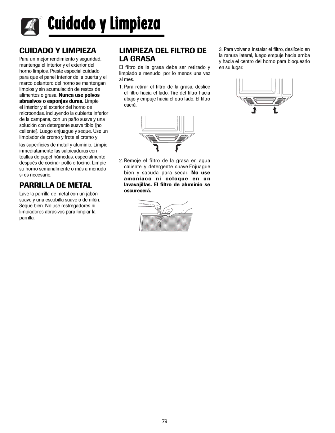 Maytag MMV5207AC, MMV5207AA Cuidado y Limpieza, Cuidado Y Limpieza, Limpieza DEL Filtro DE LA Grasa 