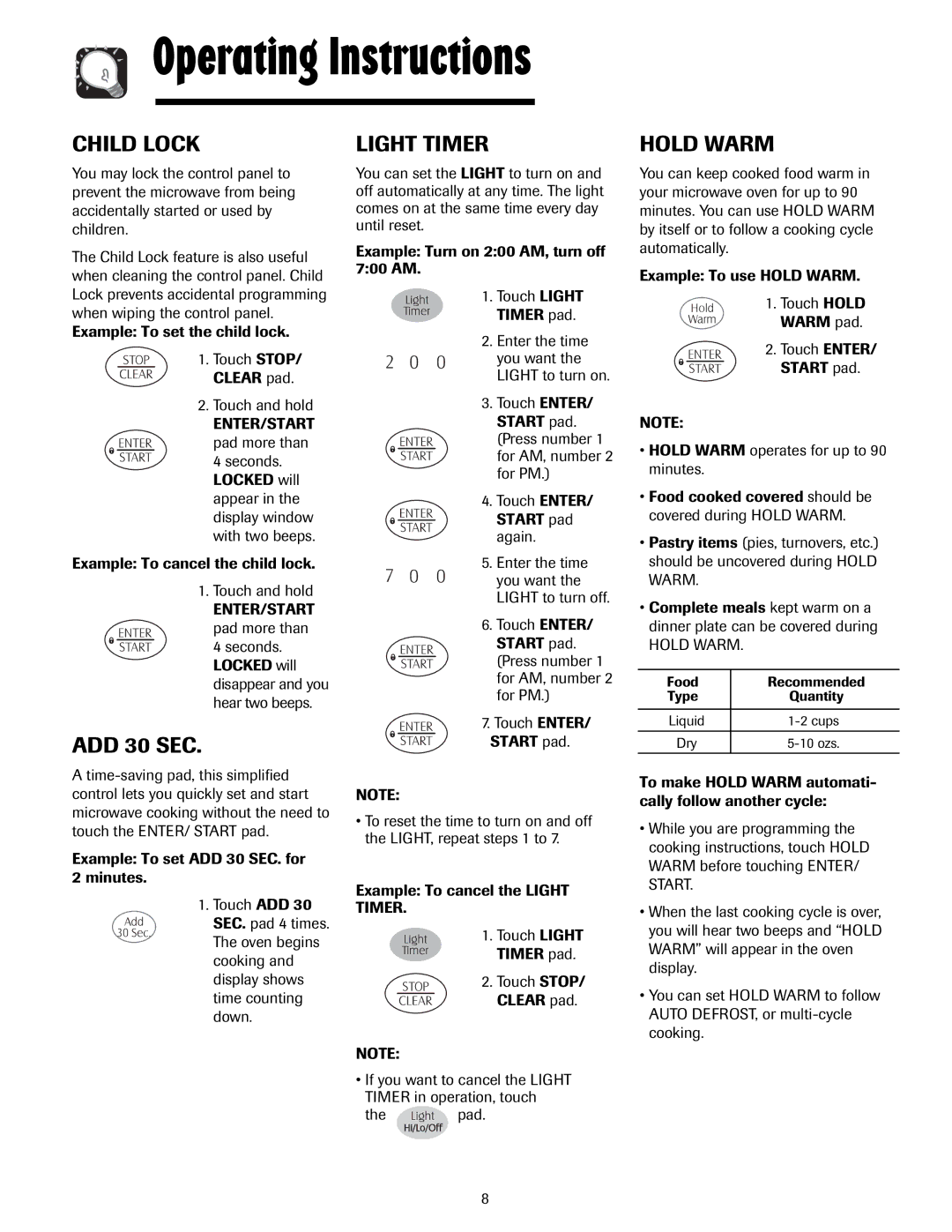 Maytag MMV5207AA, MMV5207AC important safety instructions Child Lock, ADD 30 SEC, Light Timer, Hold Warm 