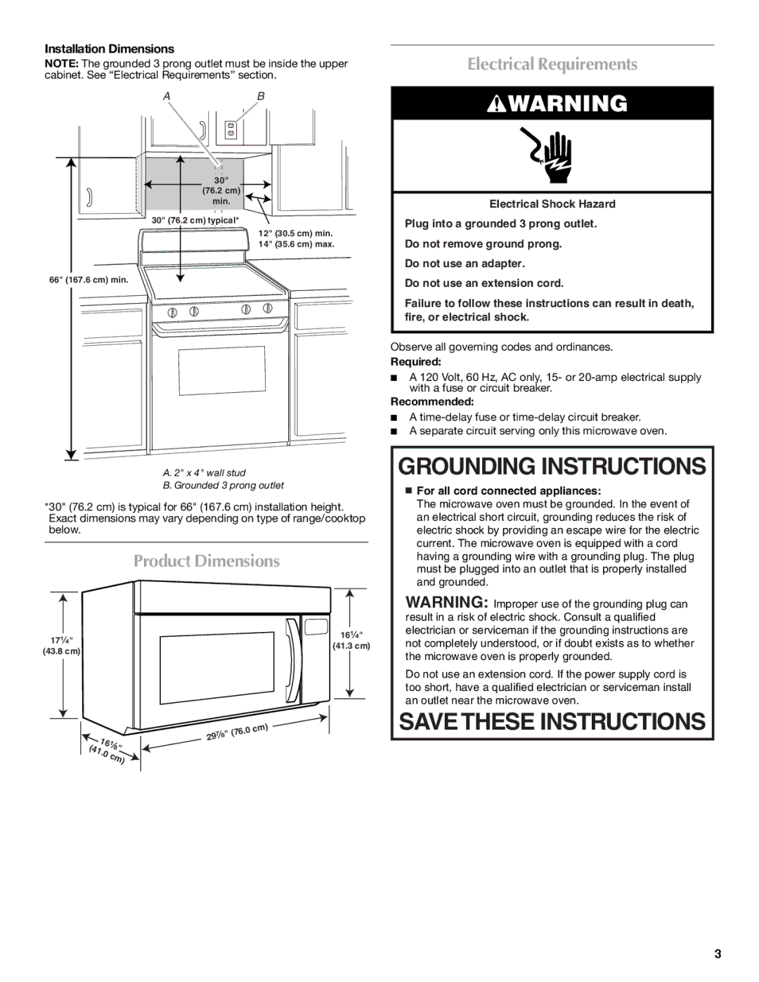 Maytag MMV5208WS Product Dimensions Electrical Requirements, Installation Dimensions, Required, Recommended 