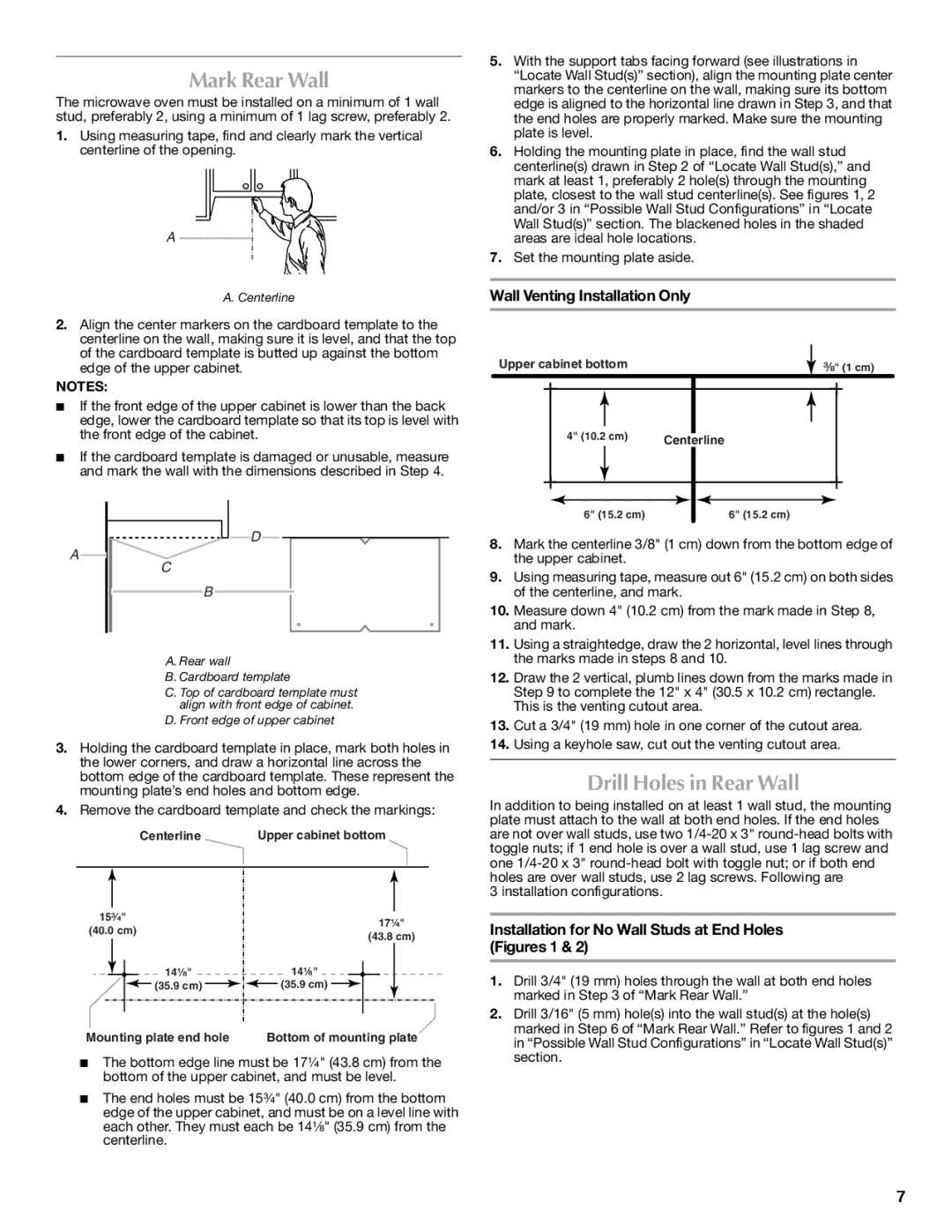 Maytag MMV5208WS Mark Rear Wall, Drill Holes in Rear Wall, Installation for No Wall Studs at End Holes Figures 1 