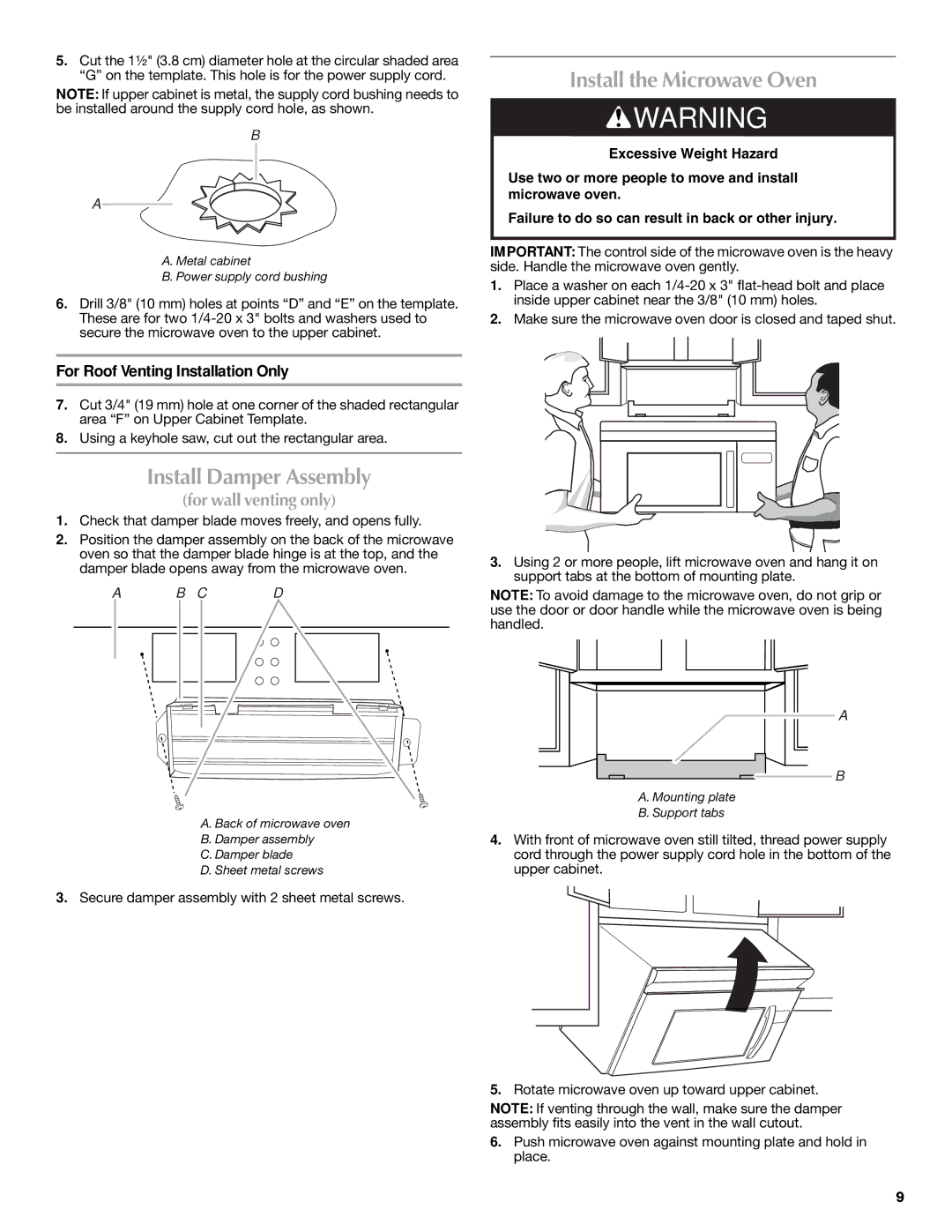 Maytag MMV5208WS Install Damper Assembly, Install the Microwave Oven, For Roof Venting Installation Only 