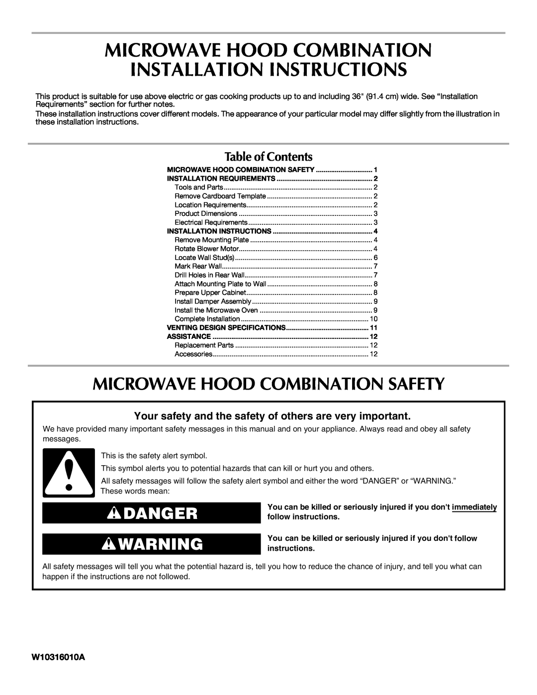 Maytag MMV5208WS installation instructions Microwave Hood Combination Safety, W10316010A, Danger, Table of Contents 