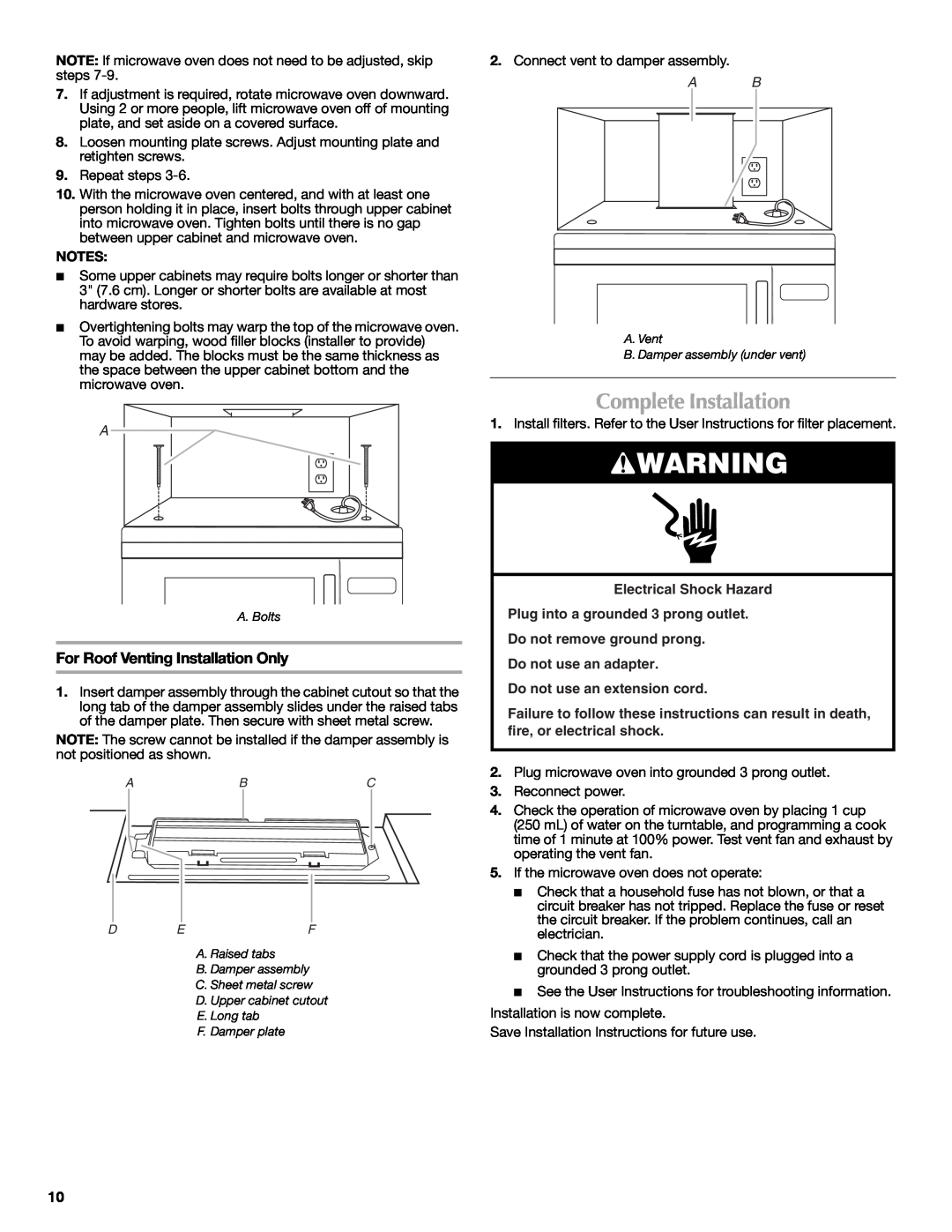 Maytag MMV5208WS Complete Installation, For Roof Venting Installation Only, Do not use an extension cord 