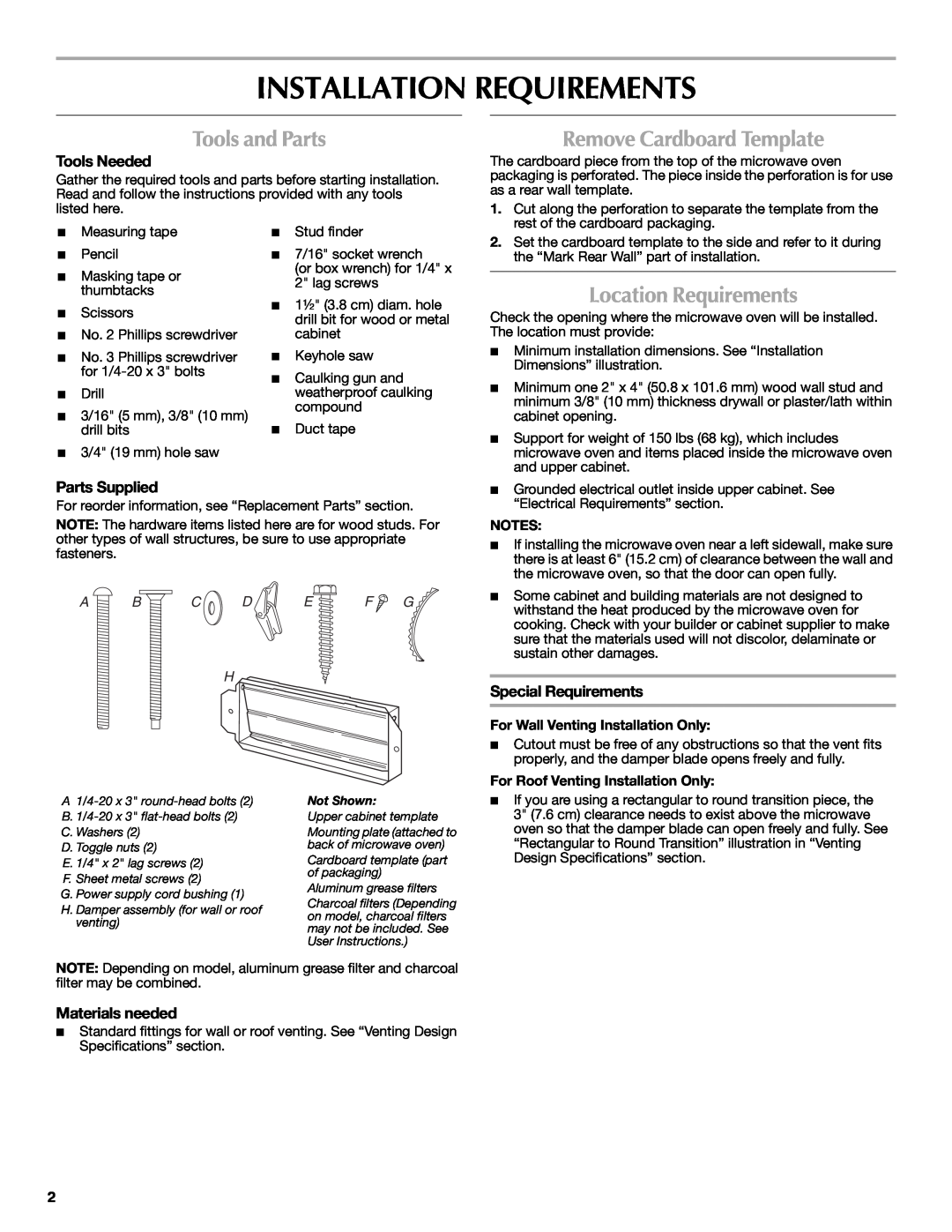 Maytag MMV5208WS Installation Requirements, Tools and Parts, Remove Cardboard Template, Location Requirements 