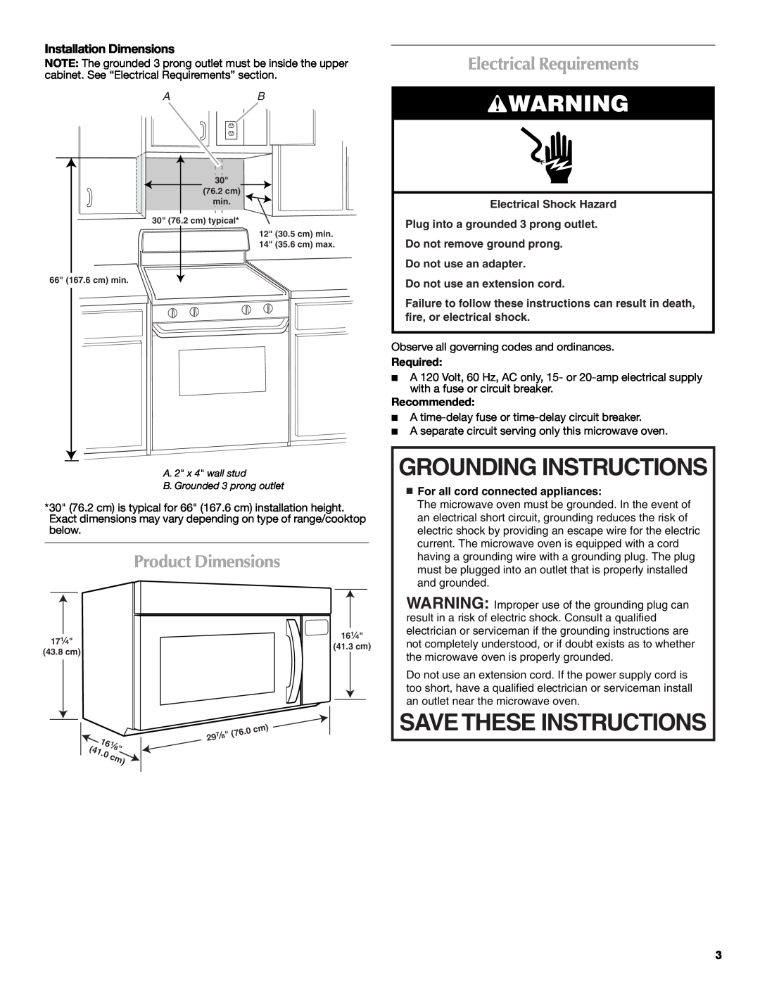 Maytag MMV5208WS Product Dimensions, Electrical Requirements, Installation Dimensions, Do not use an extension cord 