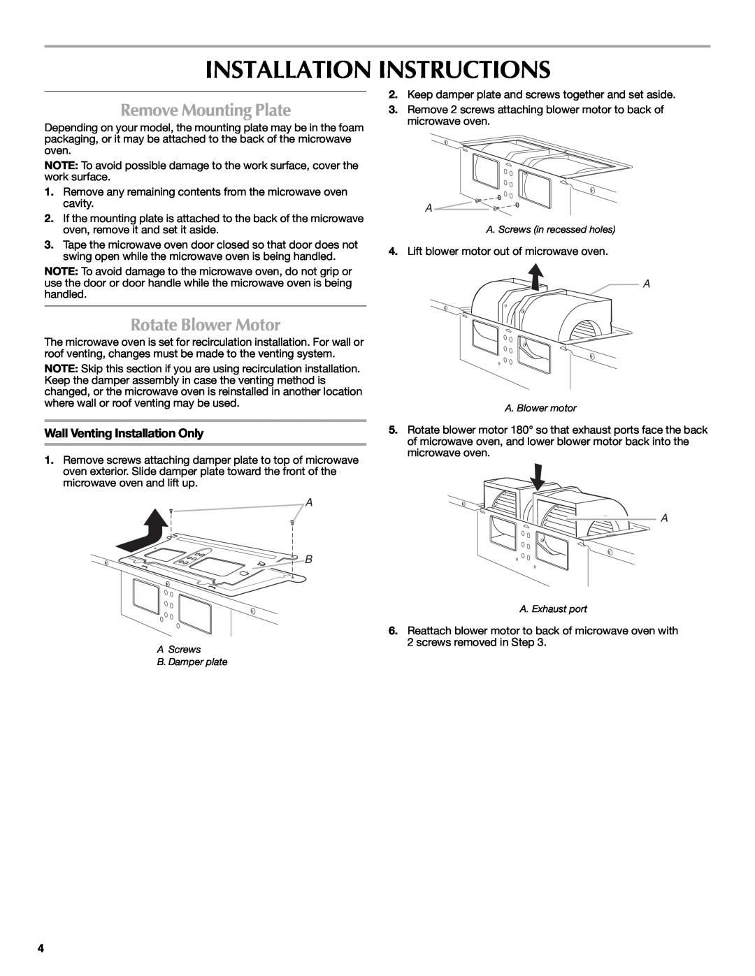 Maytag MMV5208WS Installation Instructions, Remove Mounting Plate, Rotate Blower Motor, Wall Venting Installation Only 