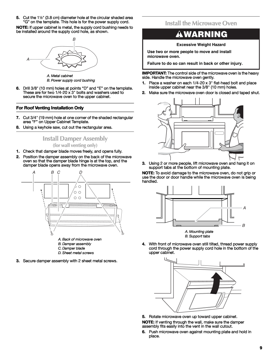 Maytag MMV5208WS Install Damper Assembly, Install the Microwave Oven, For Roof Venting Installation Only, A B Cd 