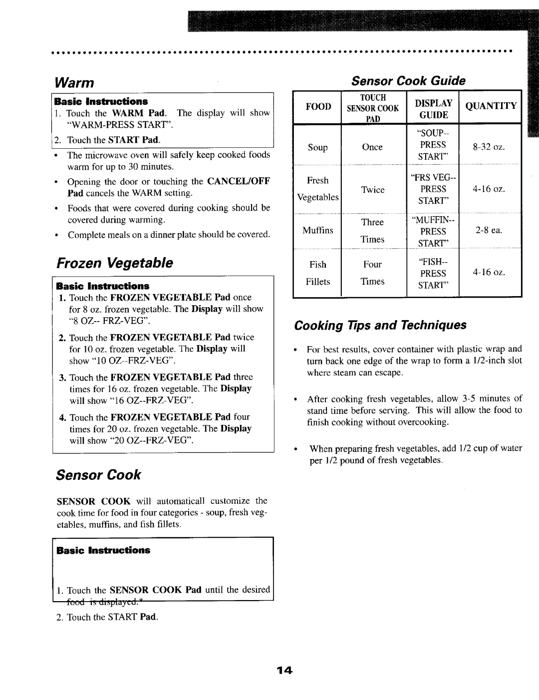 Maytag MMV5OOOB warranty Warm, Frozen Vegetable, IBasic Instructions 