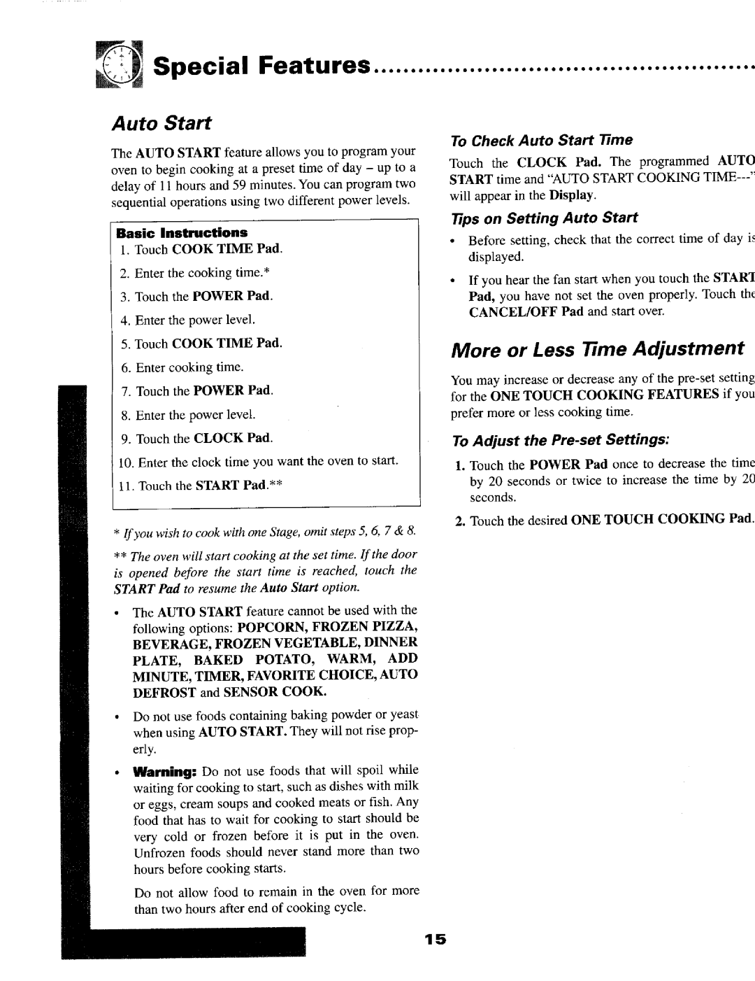 Maytag MMV5OOOB warranty More or Less Time Adjustment, Defrost and Sensor Cook, Tips on Setting Auto Start 