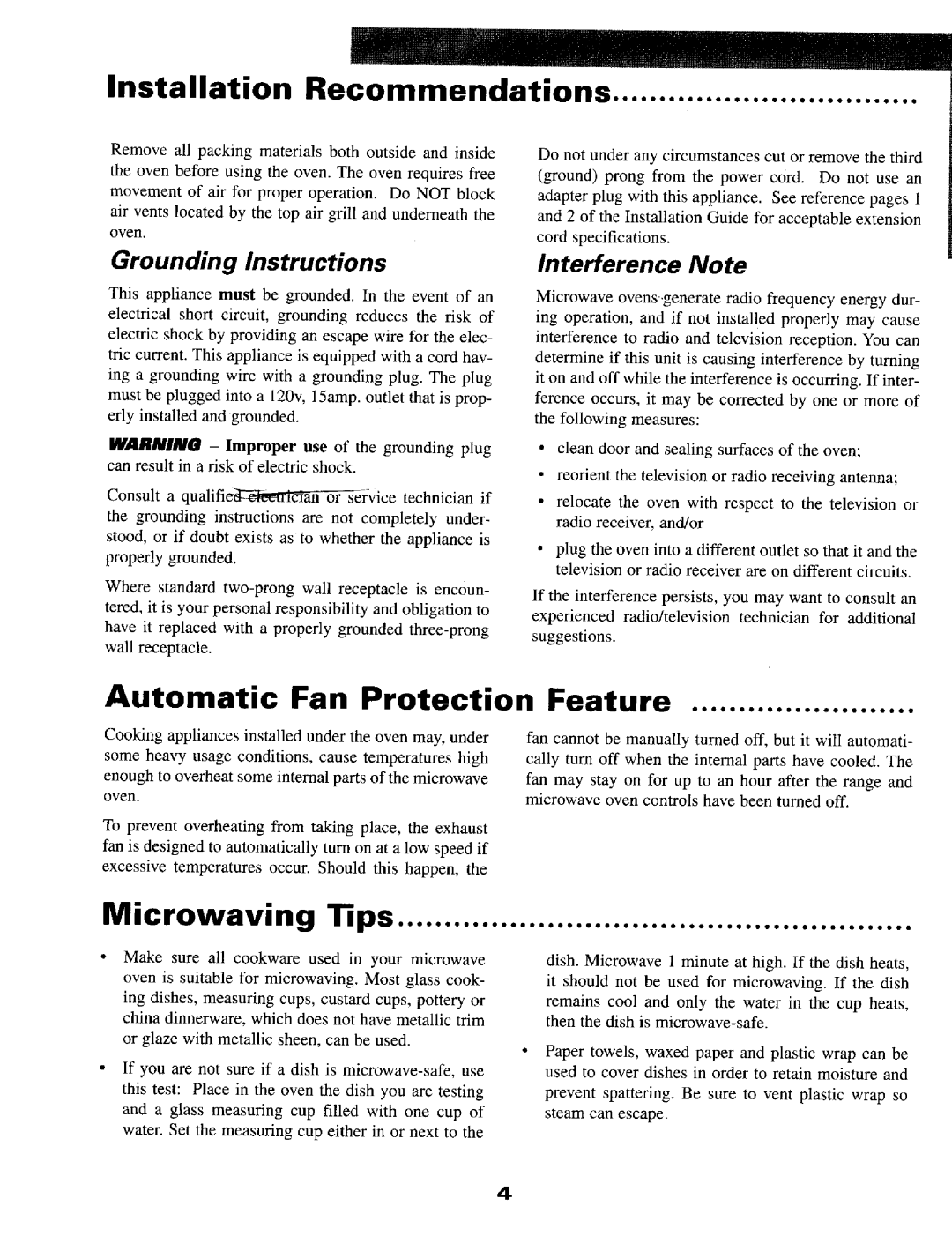 Maytag MMV5OOOB Installation Recommendations, Automatic Fan Protection Feature, Grounding Instructions, Interference Note 