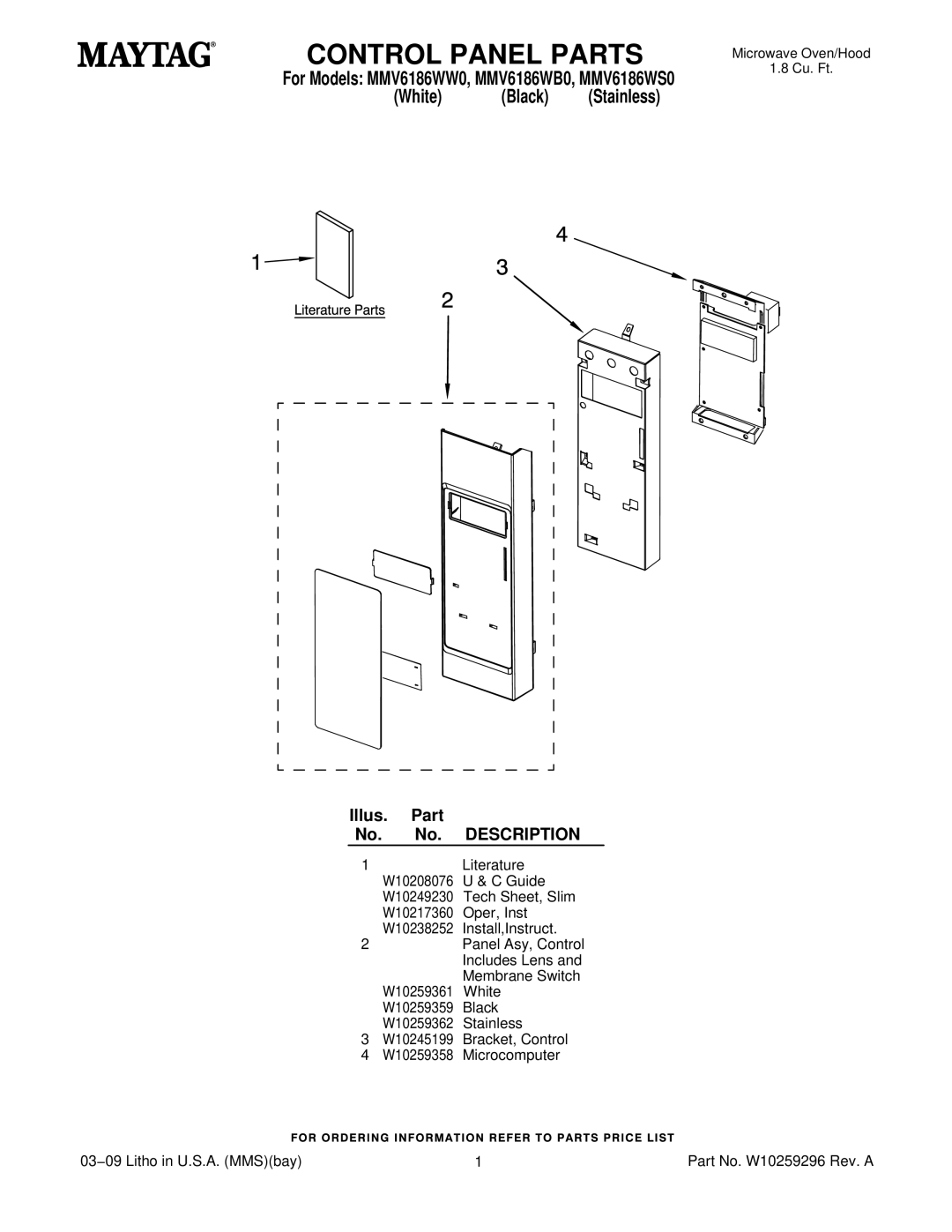 Maytag MMV6186WB0, MMV6186WS0, MMV6186WW0 manual Control Panel Parts, Illus. Part No. No. Description 
