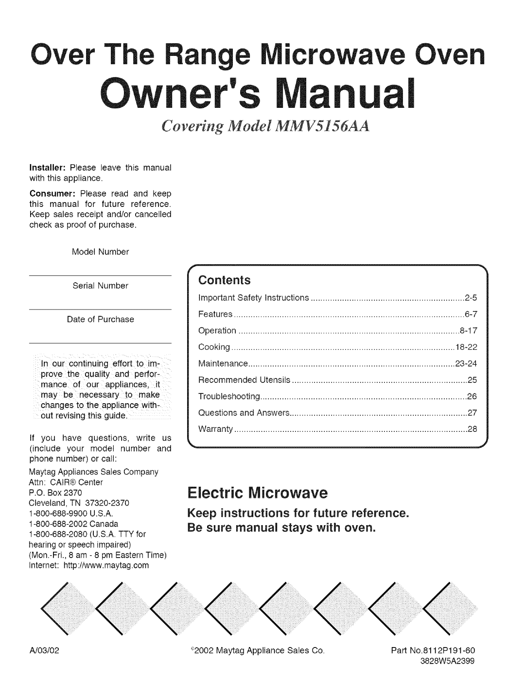 Maytag MMVS156AA owner manual Ove T e, Contents 