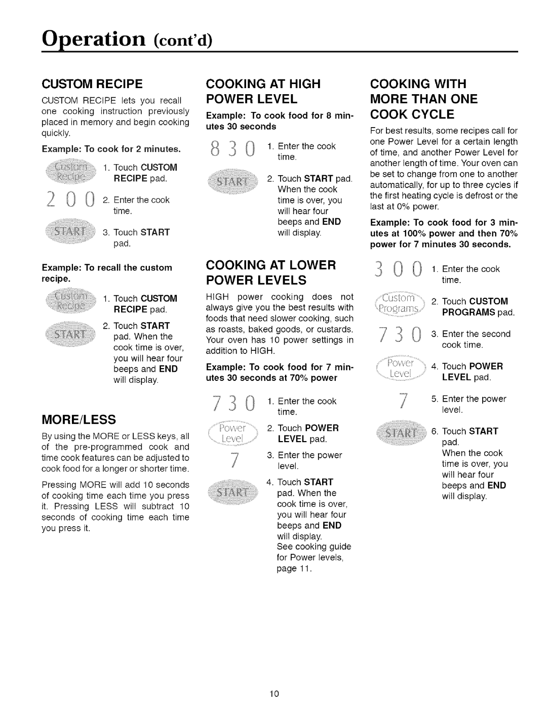 Maytag MMVS156AA owner manual Custom Recipe, More/Less, Cooking AT High Power Level, Cooking AT Lower Power Levels 