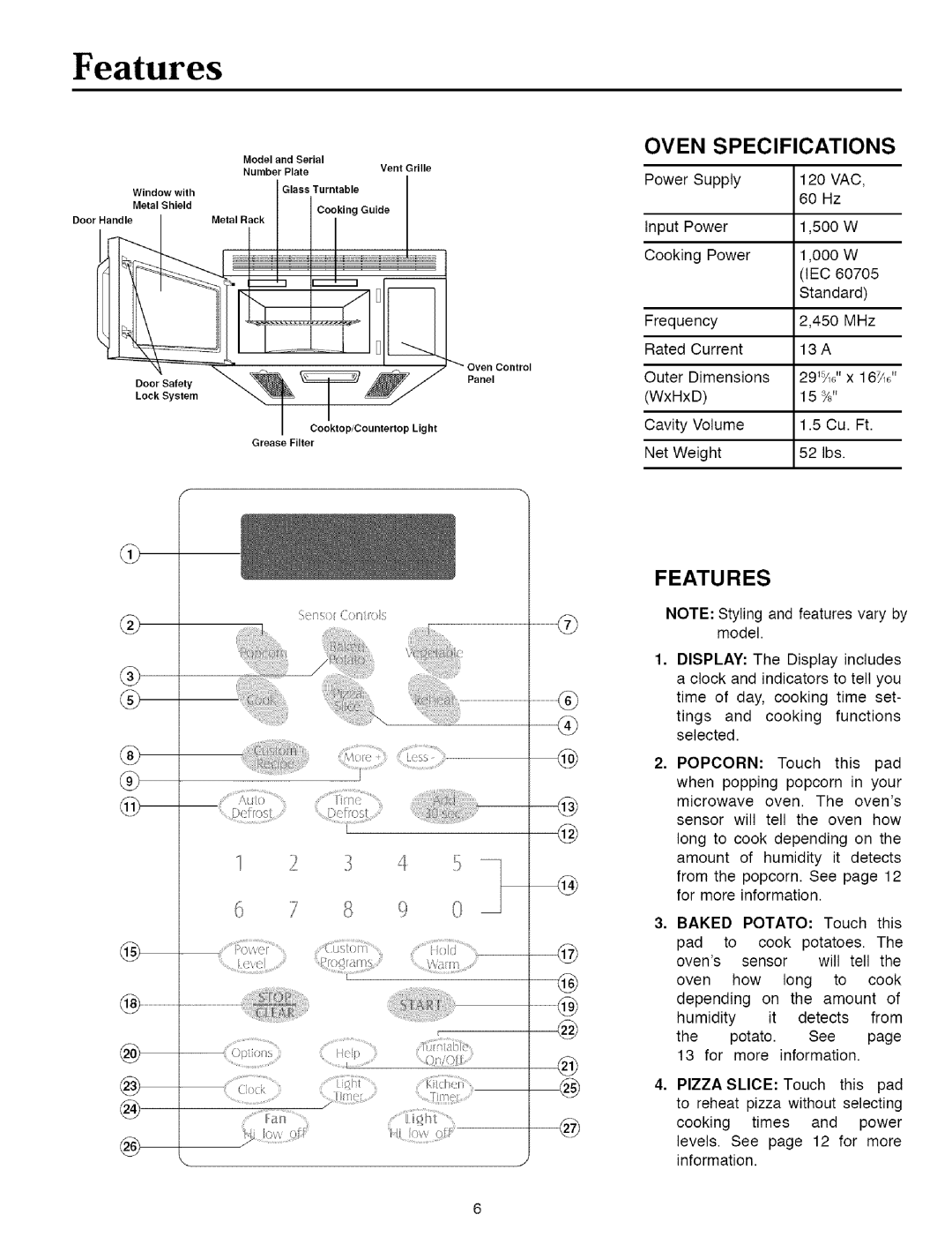 Maytag MMVS156AA owner manual Oven Specifications, Features 