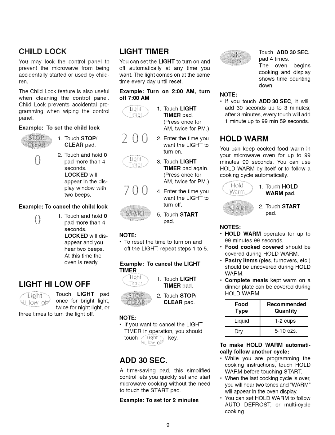 Maytag MMVS156AA owner manual Child Lock, Light HI LOW OFF, Light Timer, ADD 30 SEC, Hold Warm 