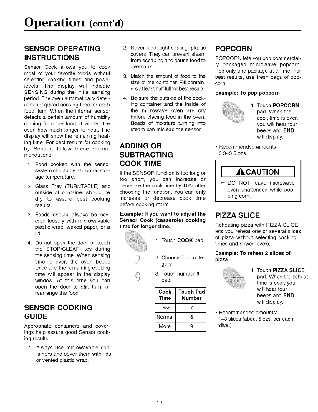 Maytag MMVS156AA I a,CAUTIONI, Sensor Operating Instructions, Sensor Cooking Guide, Adding Or Subtracting Cook Time 