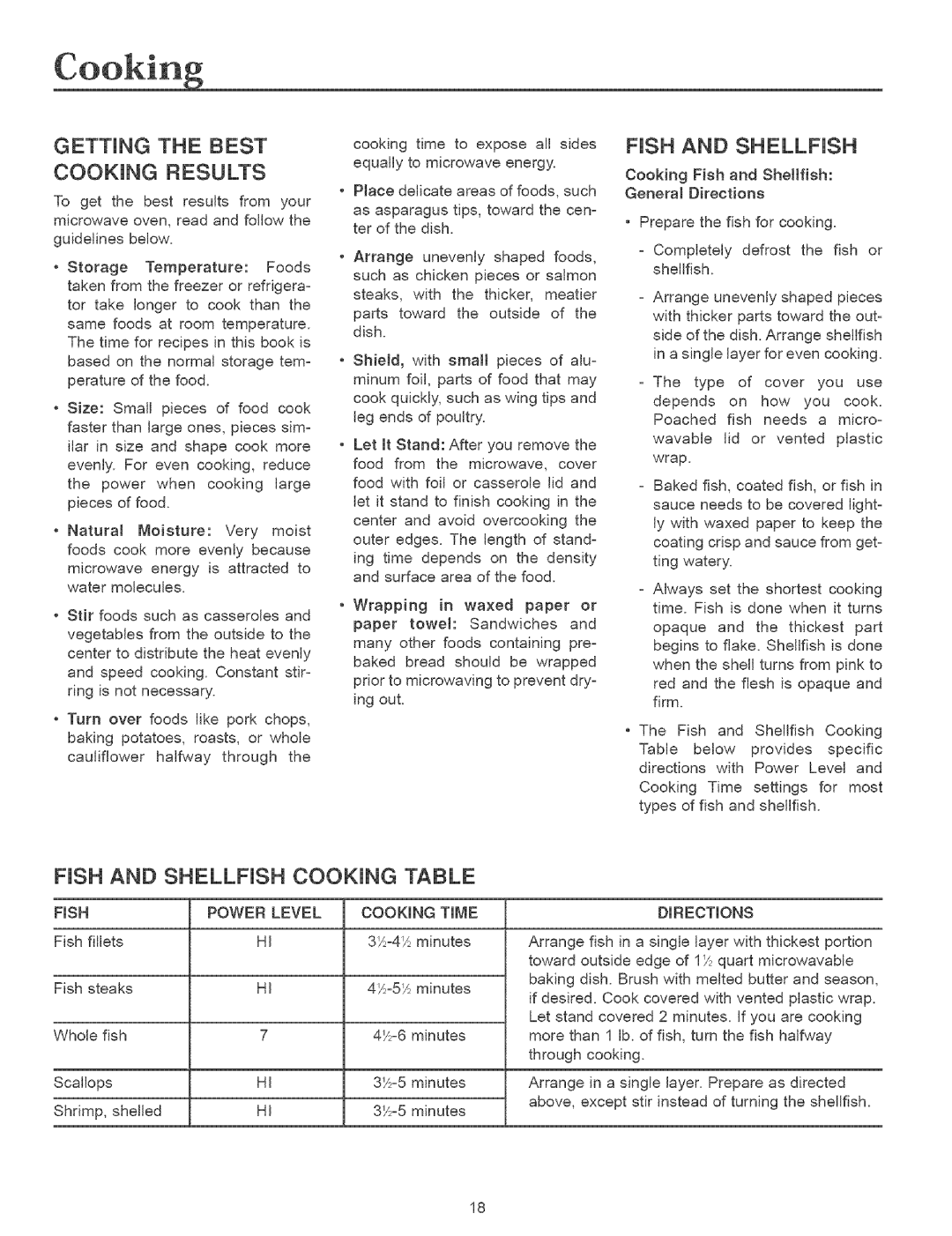 Maytag MMVS156AA owner manual Getting The Best Cooking Results, FiSH AND SHELLFISH COOKING TABLE 