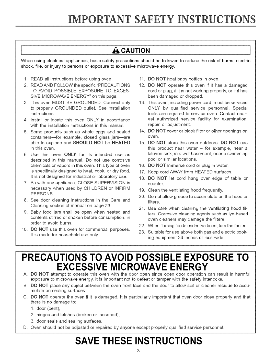 Maytag MMVS156AA Precautions To Avoid Possible Exposure To, Excessive Microwave Energy, Save These Instructions, iCAUTION 