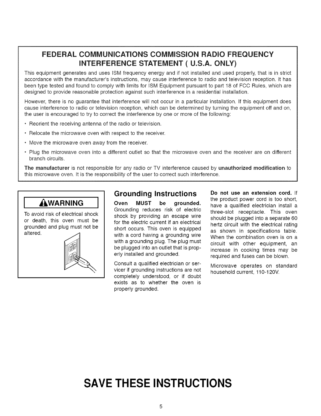 Maytag MMVS156AA owner manual iNTERFERENCE STATEMENT U.S.A. ONLY, Grounding Instructions, Save These Instructions 