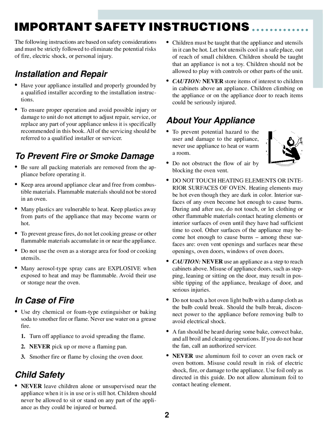 Maytag MEW6530B Installation and Repair, To Prevent Fire or Smoke Damage, Case of Fire, Child Safety, About Your Appliance 