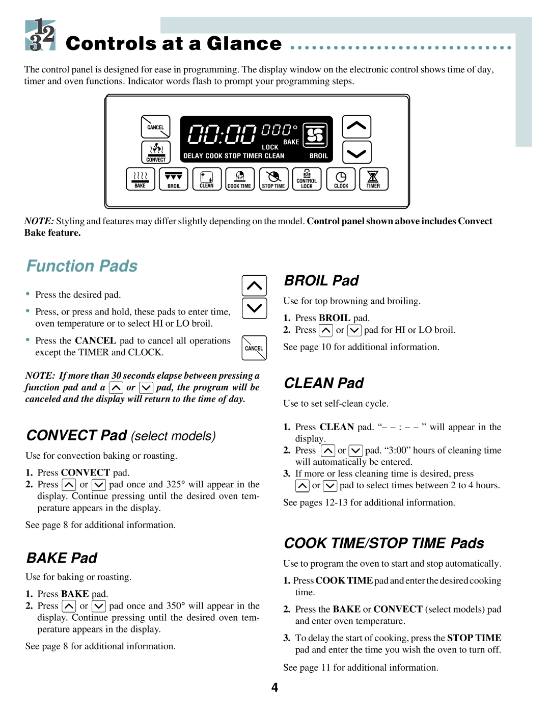 Maytag MEW6527, MMW5530, MEW5627, MMW5527 Controls at a Glance, Bake Pad, Broil Pad, Clean Pad, Cook TIME/STOP Time Pads 