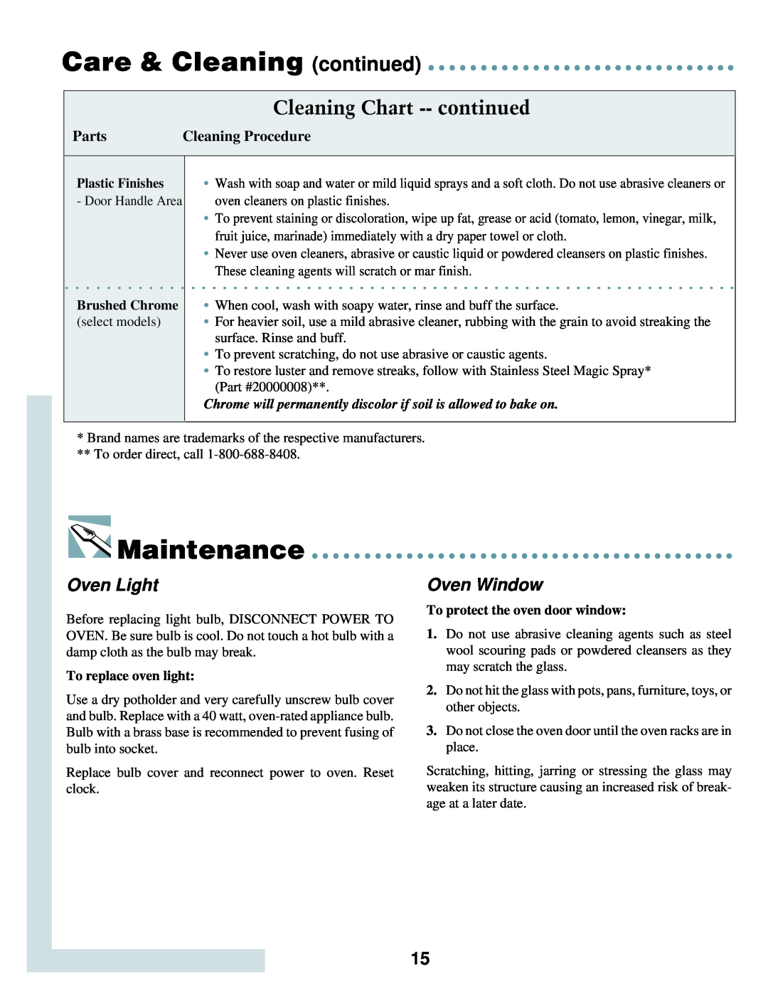 Maytag MMW5527 Maintenance, Cleaning Chart --continued, Oven Light, Oven Window, Plastic Finishes, Brushed Chrome, Parts 