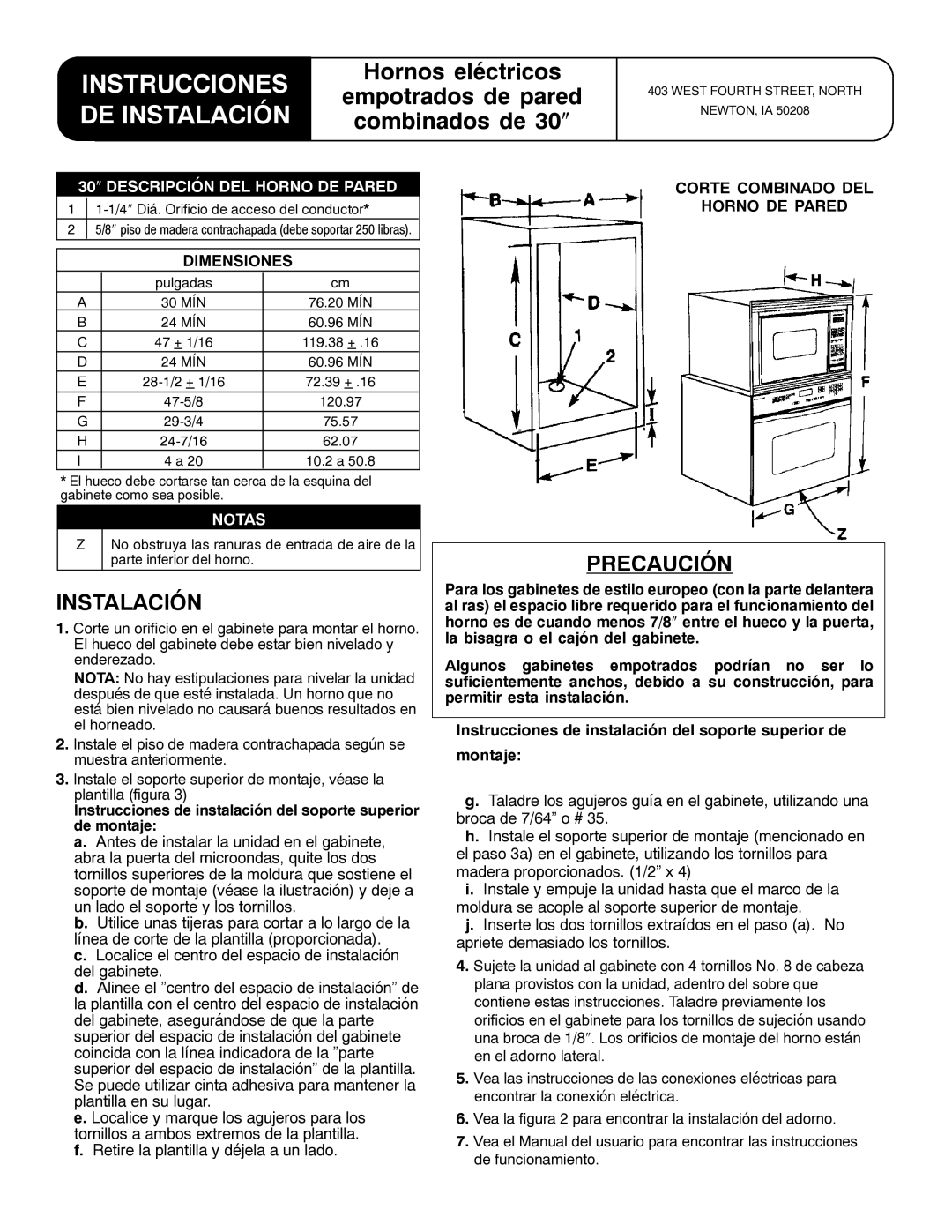 Maytag MMW5530DAB, 11-06-00 Instrucciones DE Instalación, Precaución, 30″ Descripción DEL Horno DE Pared, Notas 